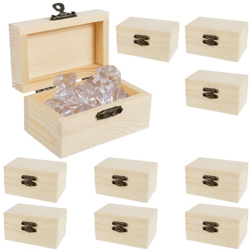 10PCS Mini Wooden Treasure Chest, Unfinished Wooden Treasure Boxes with Lid Locking Clasp for Jewelry Storage, Small Blank Craft Box Treasure Chest for DIY Painting Home Decor, 9×5.5×5cm (Flat)