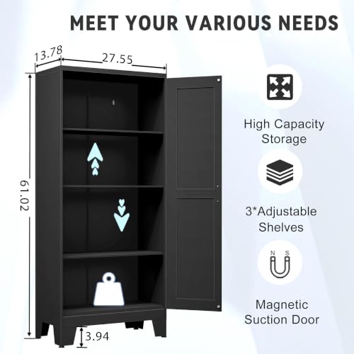 Image of GAIOUS 61.02 inch Kitchen Pantry Cabinet, Pantry Storage Cabinet with 2 Doors and Adjustable Shelves, Black Food Storage for Kitchen, Living Room, Bedroom and Dining Room (Black) Metal Sideboard