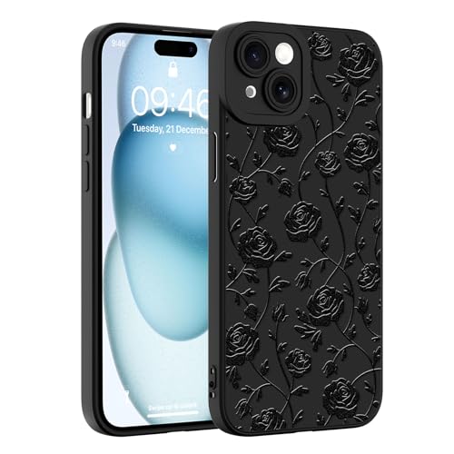 Image of Designed for iPhone 15 Case, Cute Rose Flower Floral Pattern Design, Slim Soft TPU Liquid Silicone Protective Cover for Women Girls - Black