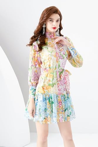 LAI MENG FIVE CATS Women's Floral Print Long Lantern Sleeve Ruffle Casual Button Belted Thin Fabric Mini Dress4