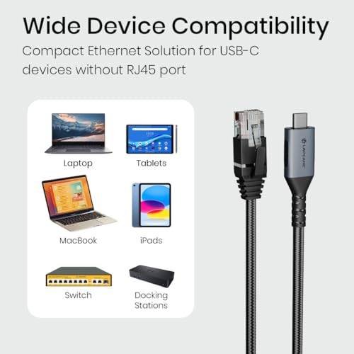 Image of Lapcare Type-C to RJ45 Gigabit Ethernet Adapter Cable | USB-C to LAN 1000 Mbps High-Speed Network Cable | 2M Braided Nylon, Aluminium Housing | Compatible with Laptop, MacBook, Router