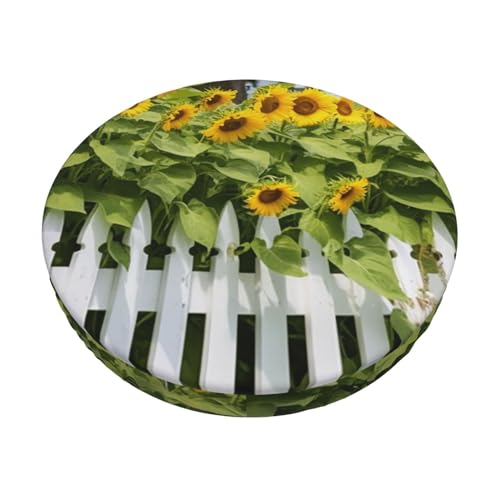 OUSIKA Sunflowers White Picket Fence Stool Covers Round Chair Covers Elastic Stool Cushion Slipcover Washable Bar Stool Seat Covers with Non-Slip Backing & Elastic Band for 12-14 Inch