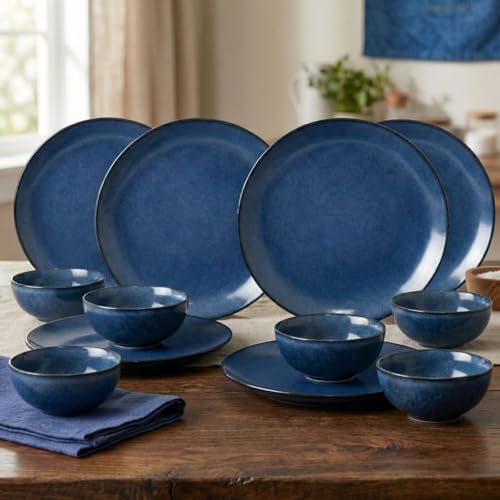 Image of Freakway Premium Reactive Glaze Dinner Set, Midnight Blue, Stoneware, 12 Piece, 6 Dinner Plates and 6 Serving Bowls, Round, Speckled Finish