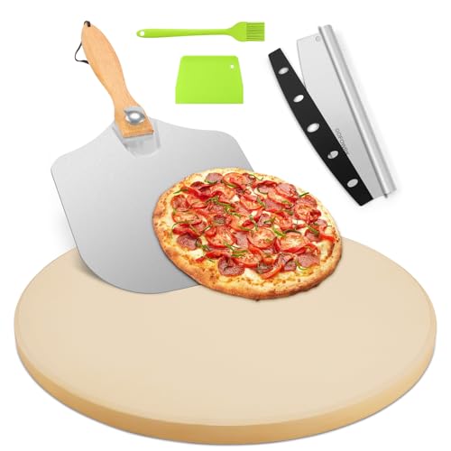 GOFOWRK Pizza Stone 5 PCS Set, 15 Inch Large Round Pizza Stone Set for Oven & Outdoor Grill with Metal Pizza Peels & Cutter Rocker, 0.6'' Thickened Stone Pizza Pan, Grill Baking Stone for Pizza, Bread