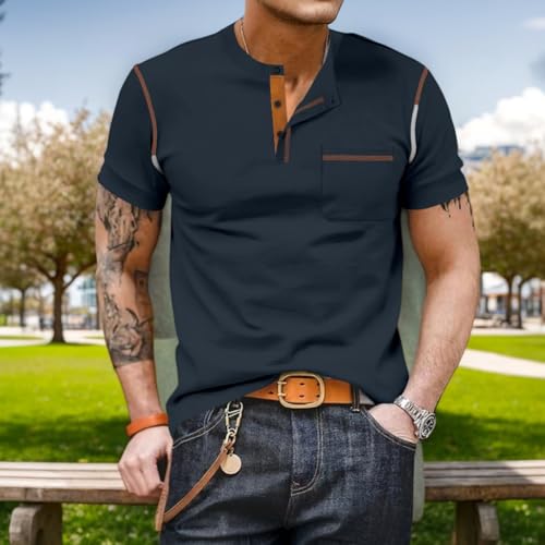 Men's Henley Shirts Short Sleeve Casual Solid T-Shirts Summer Fashion with Pocket