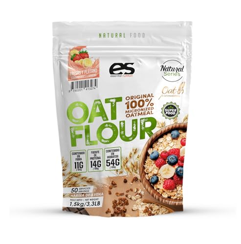 Essential Nutrition – Harina de Avena 100% integral – 1,5 kg – Sabor Fresa y Platano. Harina de Avena Integral. Fuente de proteína con bajo contenido en azúcares.