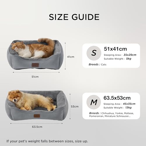 BEDSURE Katzenbett große Katzen waschbar - 63.5x53cm rutschfestes Hundebett kleine Hunde, quadratisches Katzenkorb mit weichem Rand, grau