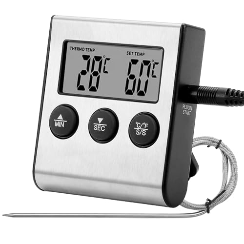 Thermometre Cuisine Numerique Sonde Thermometre Viande pour BBQ Four Fumoir Grill avec Grand Ecran LCD Alarme Minuteur Sonde Temperature Acier Inoxydable...