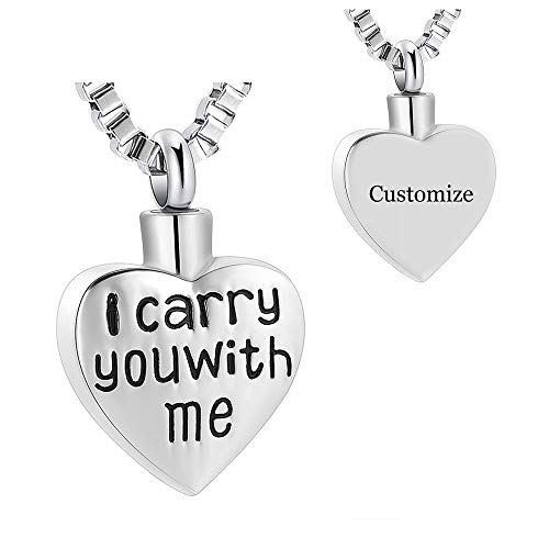 XSMZB I carry you with me Heart Cremation Jewelry for Ashes Pendant Holder Ashes for Pet/Human Stainless Steel Keepsake Memorial Urn Necklace