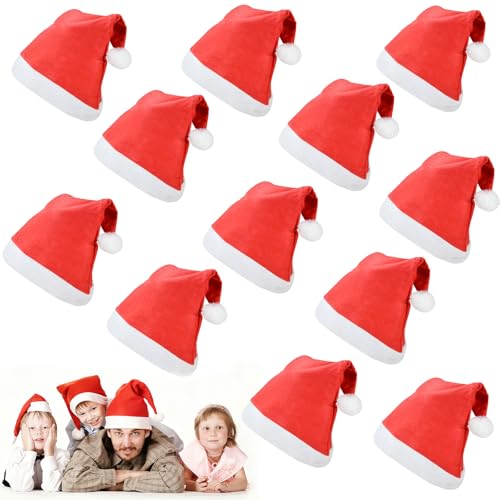 SCZND 12 Stück Weihnachtsmütze, Nikolausmütze für Erwachsene und Kinder Einheitsgröße Weihnachtsmann Mütze für Weihnachtsmann Kostüm, Perfekt für Weihnachten Accessoires Weihnachtsfeier Kopfschmuck