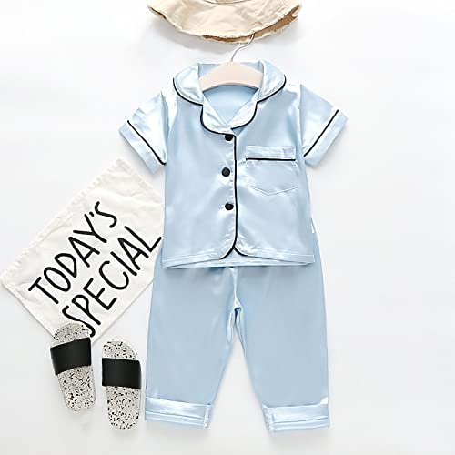 Toddler Baby Girl Boy Satin 𝐏ajamas Set Solid Color Short Sleeve Button Shirts Pants Silk 𝐏js 𝐍ightwear Loung𝐞wear3
