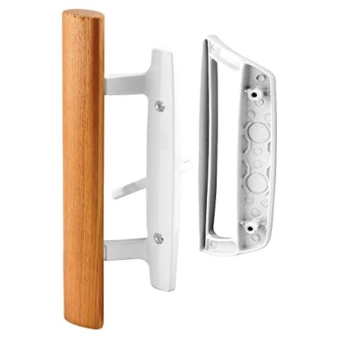 Mortise Style Reversible Sliding Patio Door Handle Set with Oak Wood Interior Handle and Exterior Pull in White Diecast Finish Fits 3-15/16” Screw Hole Spacing, Non-keyed with Latch Locks (White) Cover
