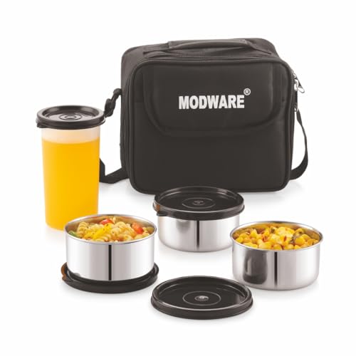 Image of MODWARE Happy Meal Stainless Steel Lunch Box Set with Leakproof Containers, Insulated Carry Bag, and Juice Tumbler - Perfect for Office, School, and Travel (Black)
