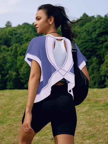 Image of SENSERISE Womens Open Back Workout Tops Backless Short Sleeve Athletic Shirt Running Crop Top Gym Yoga Tee