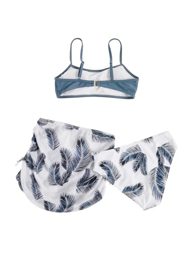 Image of Milumia Girl's 3 Set Tropical Leaf Print Bikini Set Swimsuit Drawstring Beach Skirt Swimwear