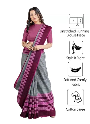 Image of eC ESHA'S COLLECTION Women's Cotton Blend Begumpuri Handloom Saree With Unstitched Running Blouse Piece