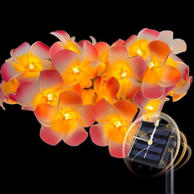 Solar Garden Lights 20Ft 20LED - Waterproof Outdoor String Lights with Hawaiian Plumeria Flowers - Tropical Floral Flower for Fence, Yard, Patio, Party Decor (Pink)