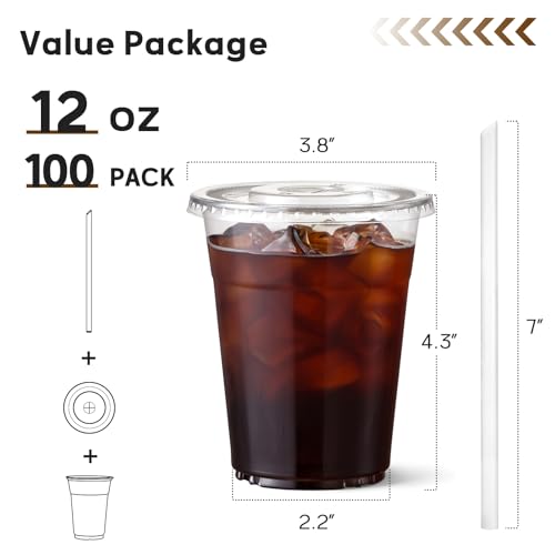 AOZITA 100 Pack 12 oz Clear Plastic Cups with Lids and Straws, Disposable Iced Coffee Cups for Cold Beverages, Smoothies, Iced Coffee, Leak-Proof, BPA-Free