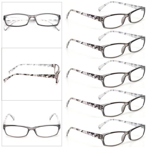 Image of Kerecsen Reading Glasses 5 Pairs Fashion Ladies Readers Spring Hinge with Pattern Print Eyeglasses for Women (5 Grey, 4.0, x)