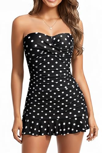 Image of Holipick Women's Tummy Control One Piece Swim Dress Strapless Swimsuit Bandeau Skirted Bathing Suits