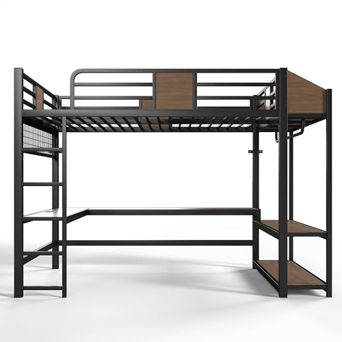 Image of Bellemave Queen Size Loft Bed with Desk and USB Ports, Clothes Hanging Rod, LED, Metal Full Loft Bed Frame for Adults, Kids, Teens, Black
