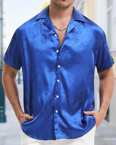 TUNEVUSE Men Satin Shirt Shiny Short Sleeve Floral Button Down Jacquard Dress Summer Solid Shirt Tops S-5XL2