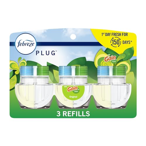 Febreze Plug In Air Freshener, Odor-Fighting Scented Oil Refill, Air Fresheners for Home and Bathroom and Kitchen, Long Lasting for Strong Odors, Gain Original Scent, 0.87oz Refills, 3 Count
