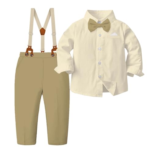 Image of SANGTREE Baby Suits for Boys Gentleman Wedding Outfits Long Sleeve Dress Shirt Suspender Pants Bowtie Boy Clothes Set, 1-6T