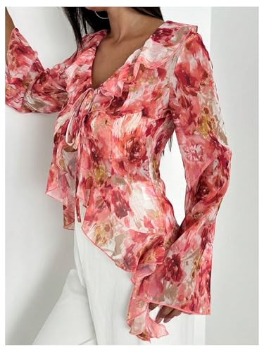 WDIRARA Women's Floral Print Ruffle Blouse V Neck Tie Front Long Bell Sleeve Chiffon See Through Tops2