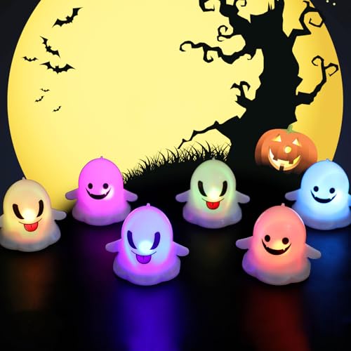 Image of KIMOBER Halloween Flameless Candles,6Pcs White Ghosts Colorful LED Candles for Indoor Halloween Decorations Home Halloween Decor