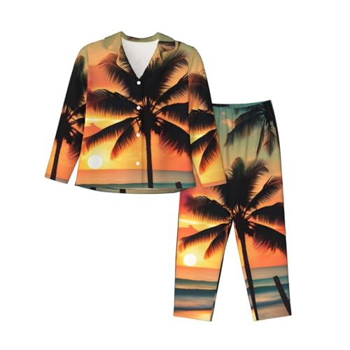 Pyjama 2 pièces manches longues pour femme avec imprimé plage tropicale et palmier