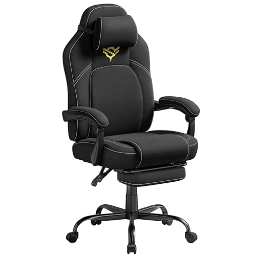 SONGMICS HOME Gaming-Stuhl, ergonomischer Computerstuhl mit Fußstütze, Bürostuhl, Drehstuhl mit Kopfkissen, Baumwoll-Leinen-Mischgewebe, höhenverstellbar, tintenschwarz OBG072BH03