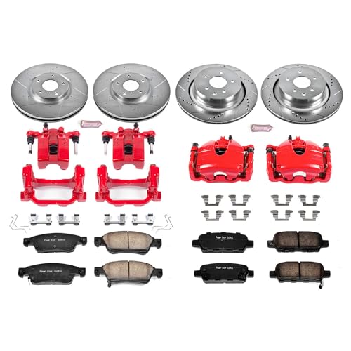 Image of PowerStop Front and Rear Brake & Caliper Kit for INFINITI G35 2007-08 | INFINITI G37 2008-13 - Carbon-Fiber Ceramic Brake Pads + Drilled & Slotted Rotors + Red Powder Coated Calipers, KC2862