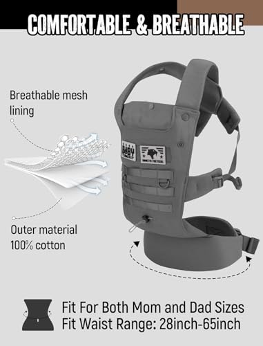 Image of Ergonomic Lumbar Support Baby Carrier for Infants to Toddlers (8-33 lbs), Cozy and Lightweight Military Baby Carrier for Plus Size Parents-Dark Grey