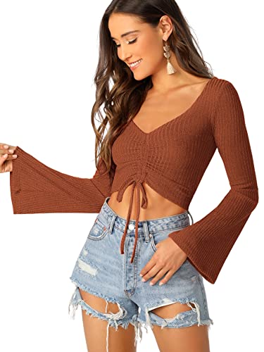 Image of SweatyRocks Women's Adjustable Drawstring String Long Bell Sleeve Rib Knit Sexy Crop Top
