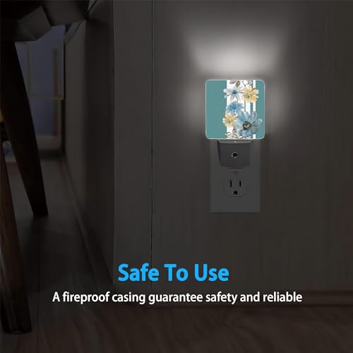 Image of Vintage Flowers Night Light,Blue White Stripes Night Lights Plug into Wall Dusk to Dawn Sensor Led Lamp for Women Men,Led Lights for Stairway /Hallway /Bedroom,0.5W