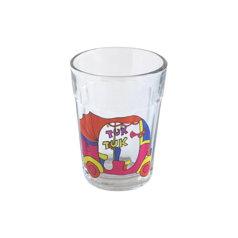 TOPSYTURVY Hand Crafted & Hand Designed Tapri Tea and Coffee Style Glass (Set of 2, 90ml Each) | Colourful Tuk Tuk & Cycle Rickshaw Designs | Kulhad Cups | Cutting Chai Glasses Set 2