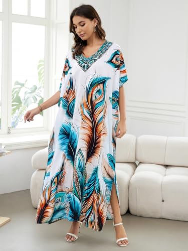 Image of IMAGEKOPE Women's Plus Size Loose Fit Moroccan Print V-Neck Batwing Kaftan Beach Dress Bathing Suit Cover Up