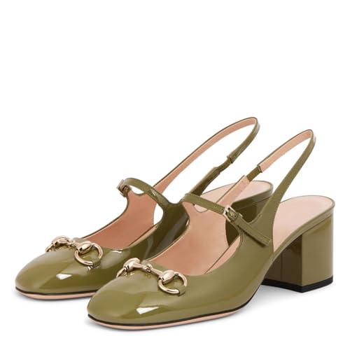 Women's Closed Square Toe Block Heel Slingback Pumps Chic Patent Leather Slip On Mary Jane High Chunky Heels with Buckle Party Work Dressy Slingback Shoes for Women