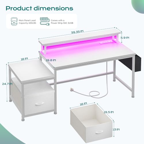Image of EnHomee 56.5 inch Office Desk with Drawers & Printer Space for Home Work,White | Computer Desk with 3 AC Outlets& 2 USB Ports,Waterproof LED Strip Lights,Monitor Stand & Side Pockets,Home Office,Bedroom