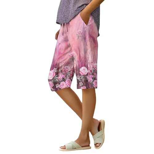 Linen Crop Pants for Women Fashion Knee Length Shorts Elastic Waist Straight Summer Drawstring Boho Pants with Pockets