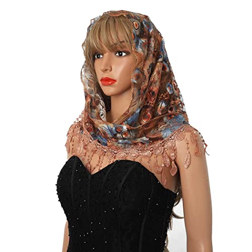 Lace Floral Church Veils Wedding Triangle Tulle Head Covering Tassel Mass Wrap Chapel Mantilla Veil for Women3