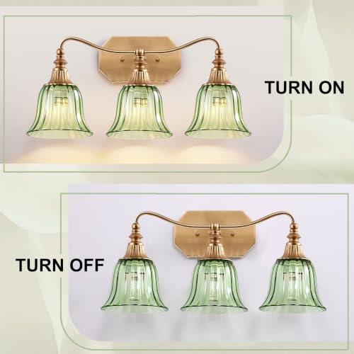 Image of LmnLvn Vintage Gold Bathroom Vanity Light, 3-Light Green Crystal Glass Shade
