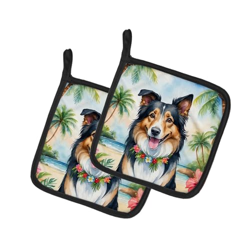 Caroline's Treasures Collie Luau Pair of Pot Holders Kitchen Heat Resistant Pot Holders Sets Oven Hot Pads for Cooking Baking BBQ, 7 1/2 x 7 1/2