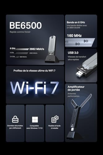 TP-Link Clé WiFi 7 BE6500 Tri-Bande USB pour PC, Archer TBE400UH