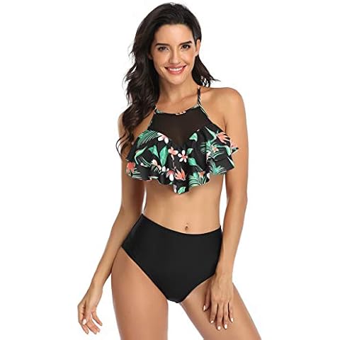 Uhnice Women’s Swimsuit Two Pieces Bathing Suits High Waisted Bikini Set - Black - Medium Cover