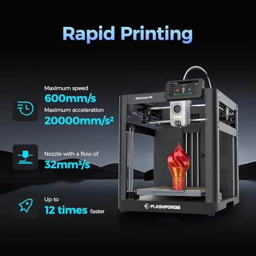 Flashforge Adventurer 5M destacando su velocidad máxima de 600mm/s y aceleración de 20000mm/s², ilustrado con un modelo impreso