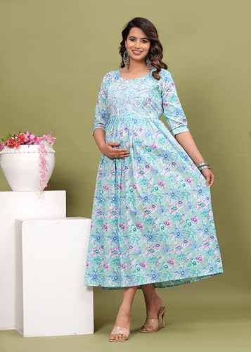 Image of Maternity Feeding Kurti for Women | Cotton Blend Anarkali Dress with Nursing Zip for Pre & Post Pregnancy
