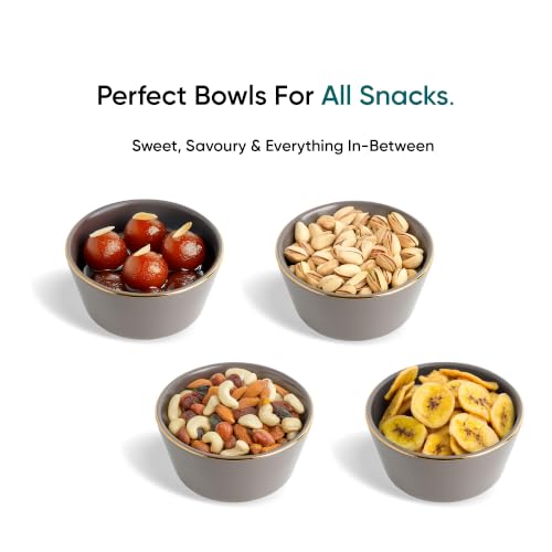 Image of Shay Ceramic Dinner Bowl Set of 4 for Rice, Dal, Salad, Snacks, Fruits & Noodles | Grey with Gold Rim | Microwave Safe Ceramic Serving Bowls for Home, Kitchen & Gifting (Bowl Set of 4 - Grey Gold)