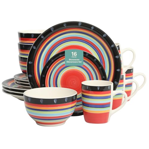 Image of Gibson Home Festival Rings 16-Piece Stoneware Dinnerware Set - Colorful Hand-Painted Plates, Bowls & Mugs, Service for 4, Dishwasher & Microwave Safe Vibrant Tableware